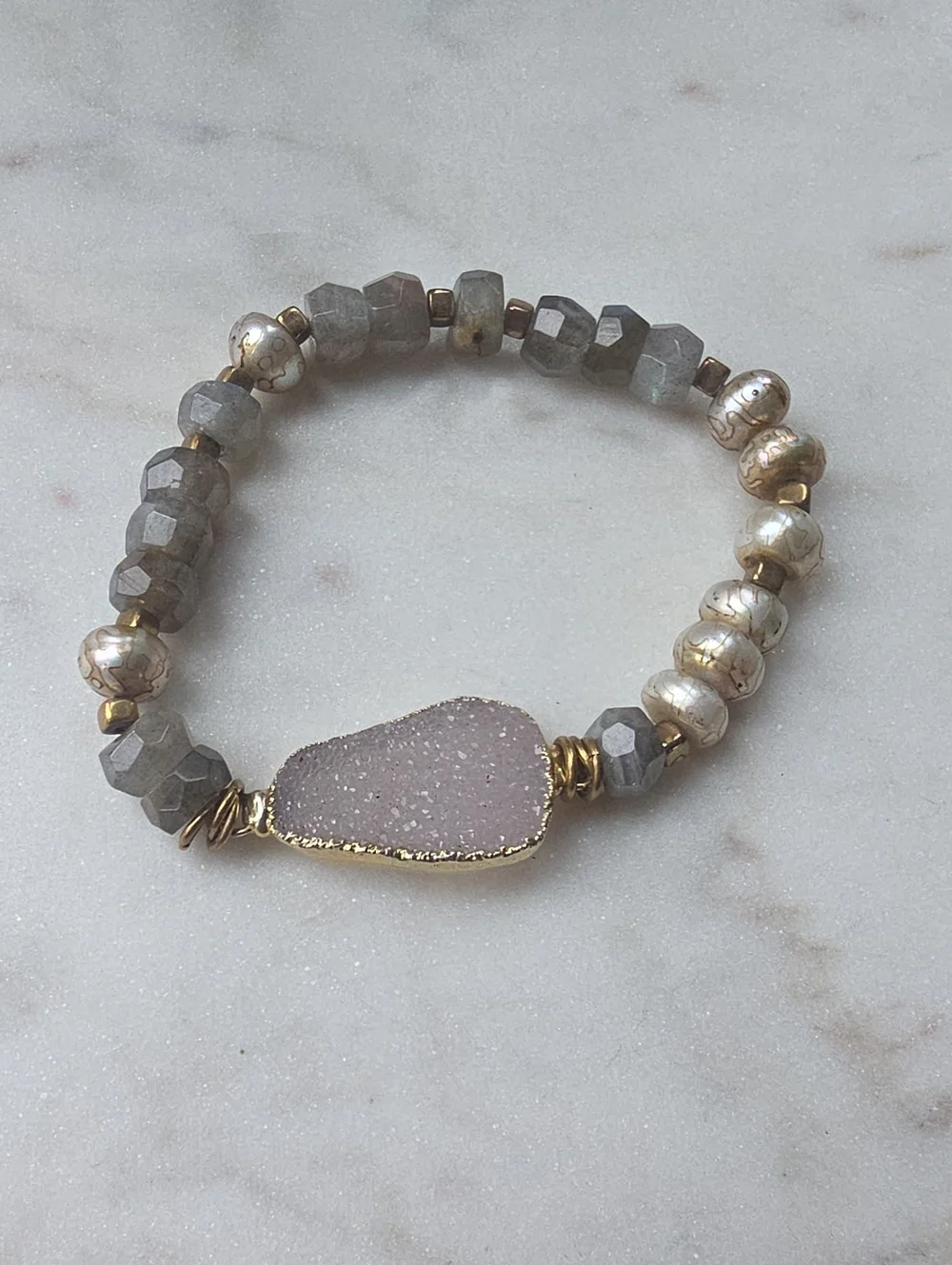 Artisan Labradorite & Lavender Druzy Quartz Beaded Stretch Bracelet